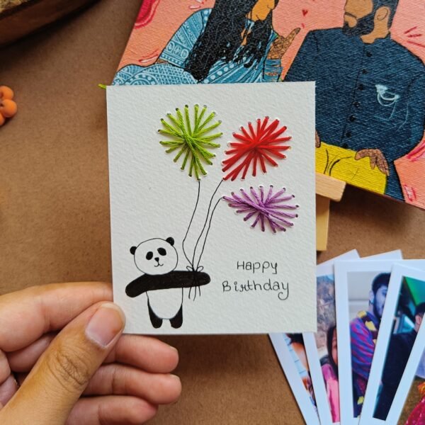 Handmade Panda with Balloons Thread Art Birthday Card