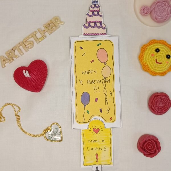 Handmade 2 side Pull Birthday Card with Cake Pop-Up and “Make a Wish” Message