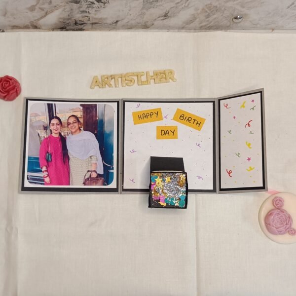 Handmade Birthday Photo Card with Glitter Surprise Box and Personalized Message Panels